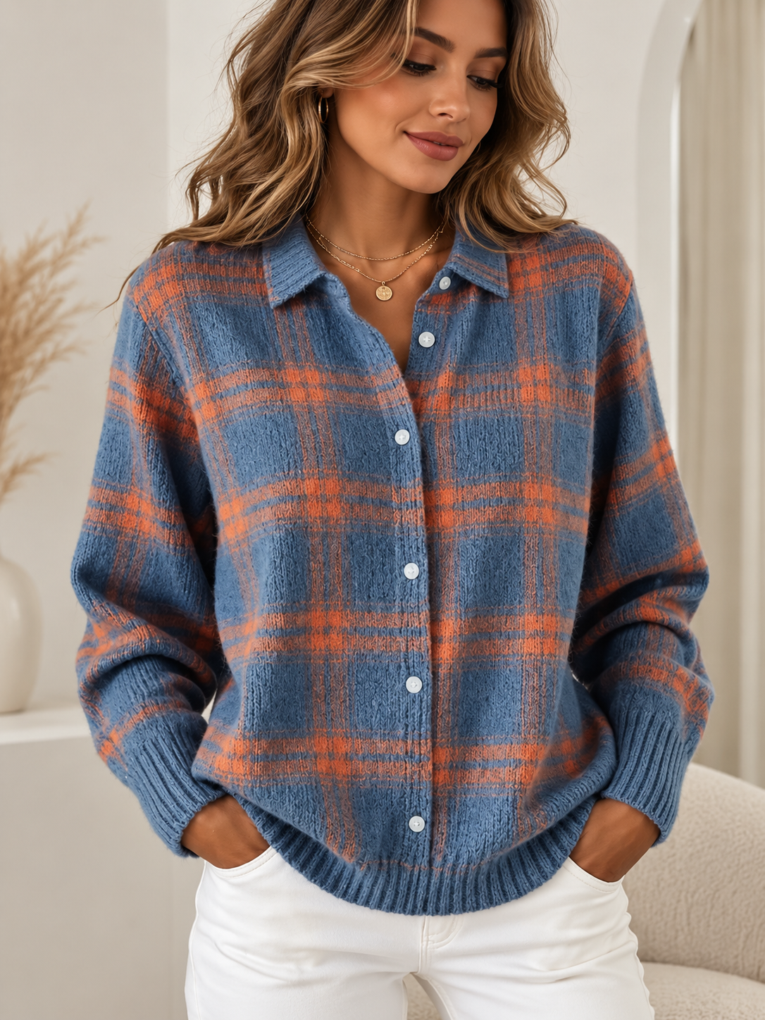 Pull Élise Imprimé en Maille à Col et Boutons