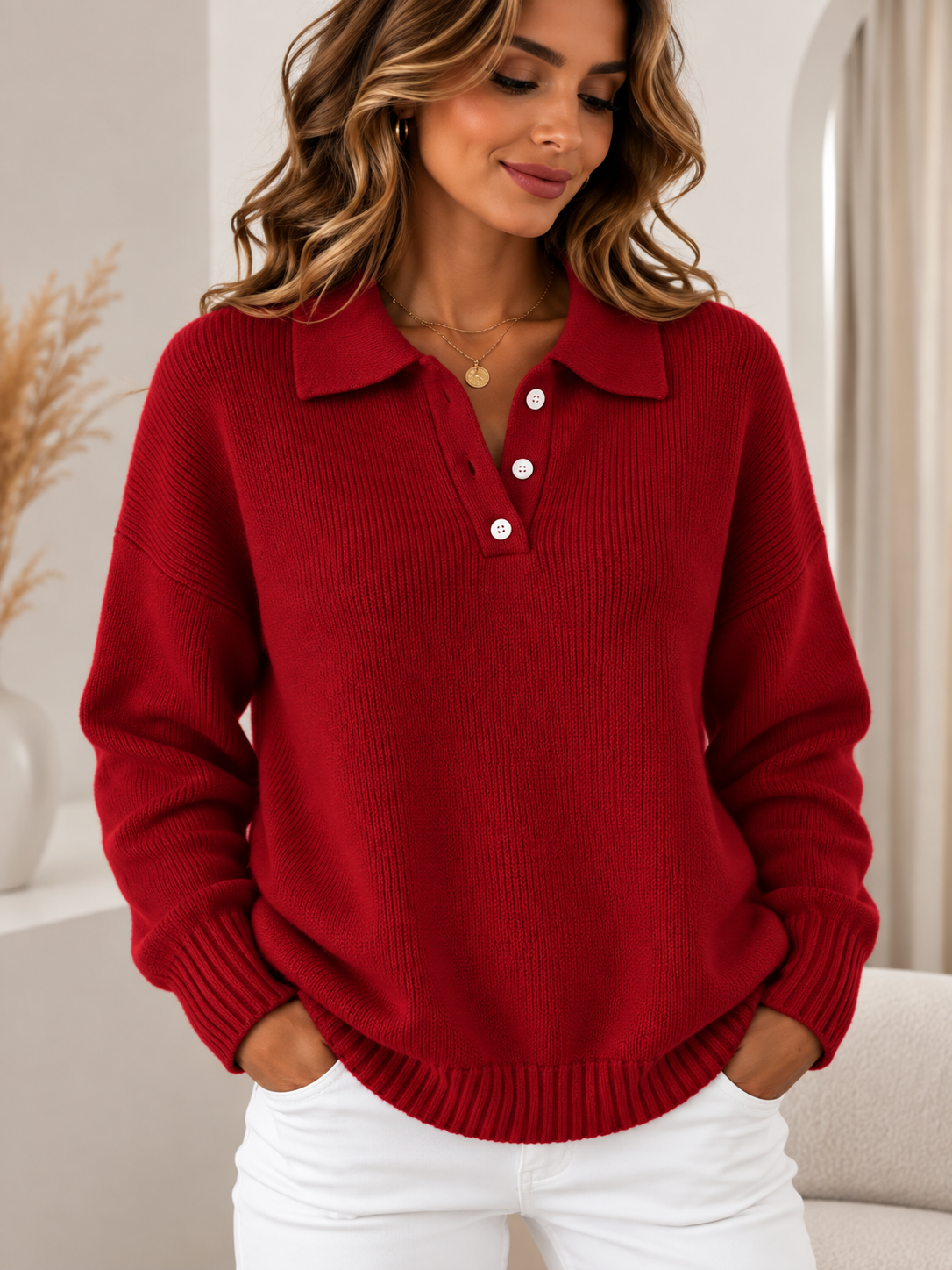 Pull Élise Imprimé en Maille à Col et Boutons