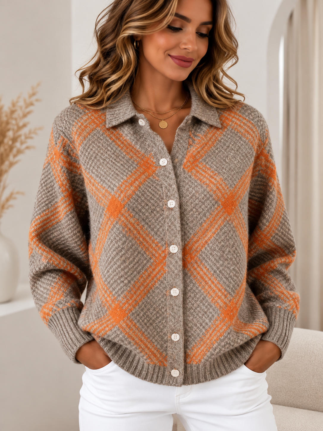 Pull Élise Imprimé en Maille à Col et Boutons