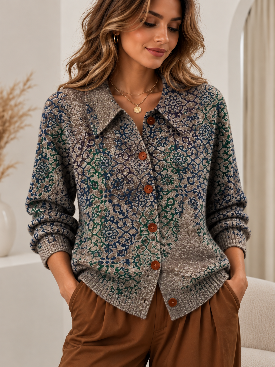 Pull Élise Imprimé en Maille à Col et Boutons