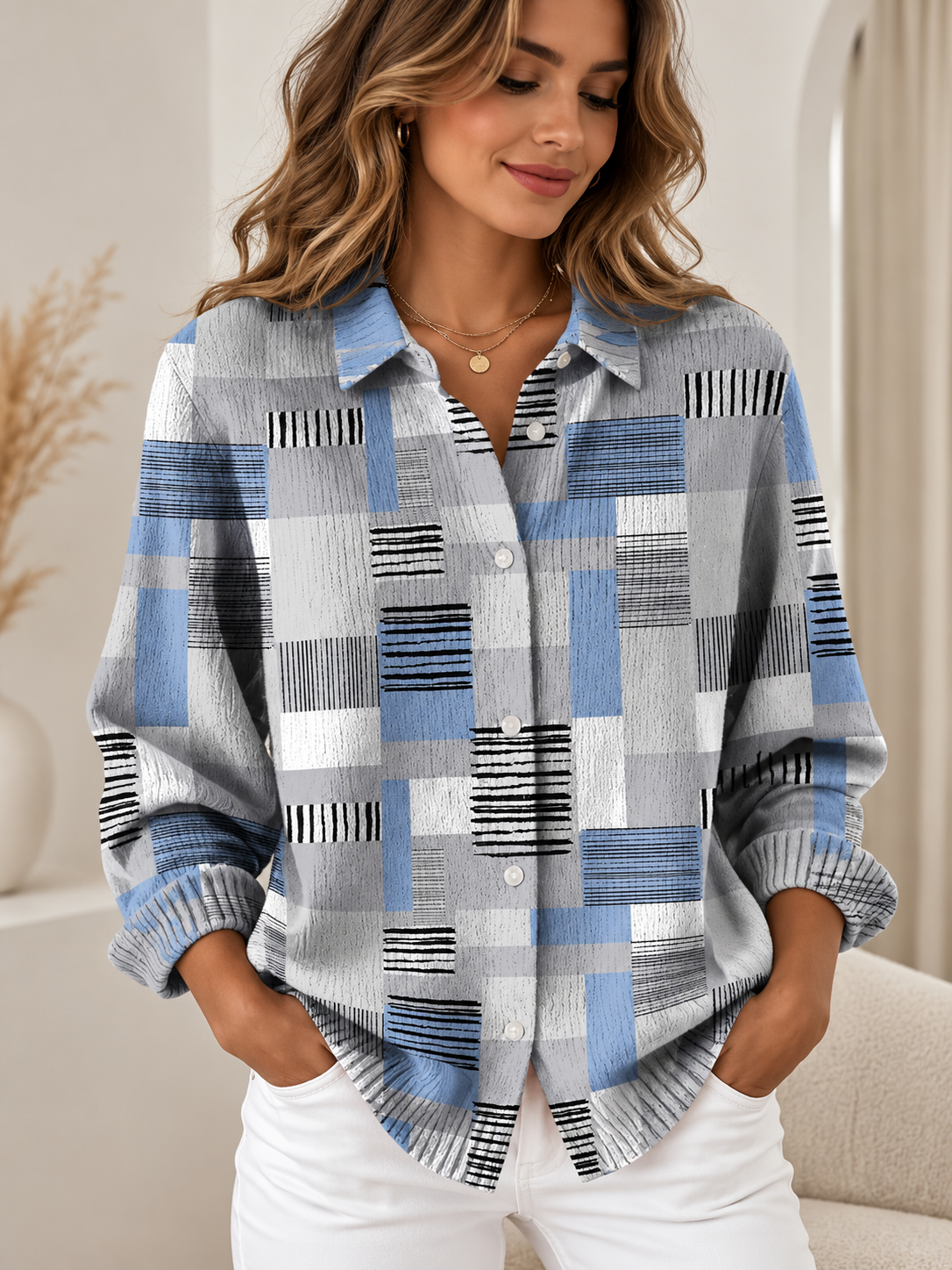 Pull Élise Imprimé en Maille à Col et Boutons
