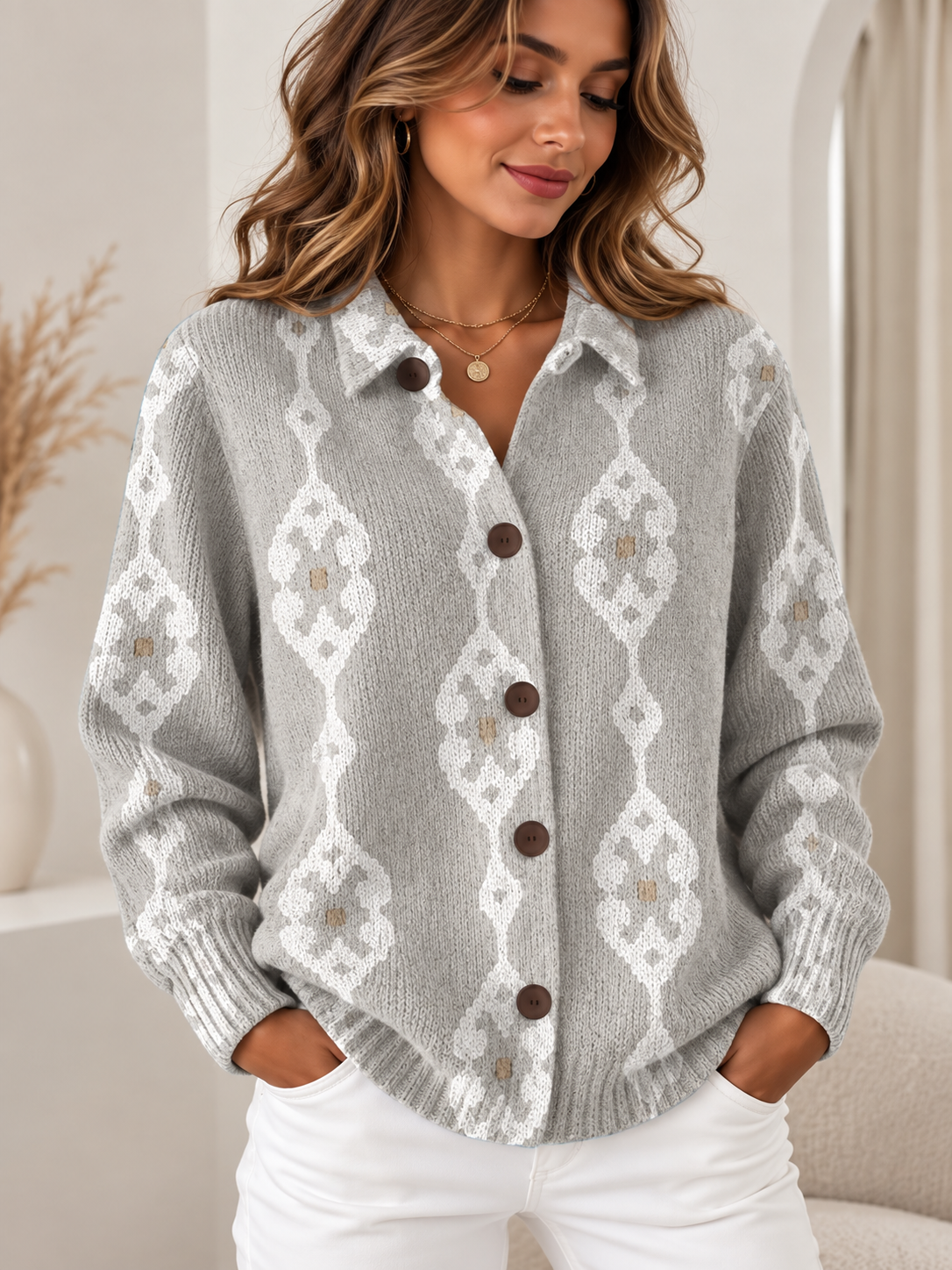 Pull Élise Imprimé en Maille à Col et Boutons
