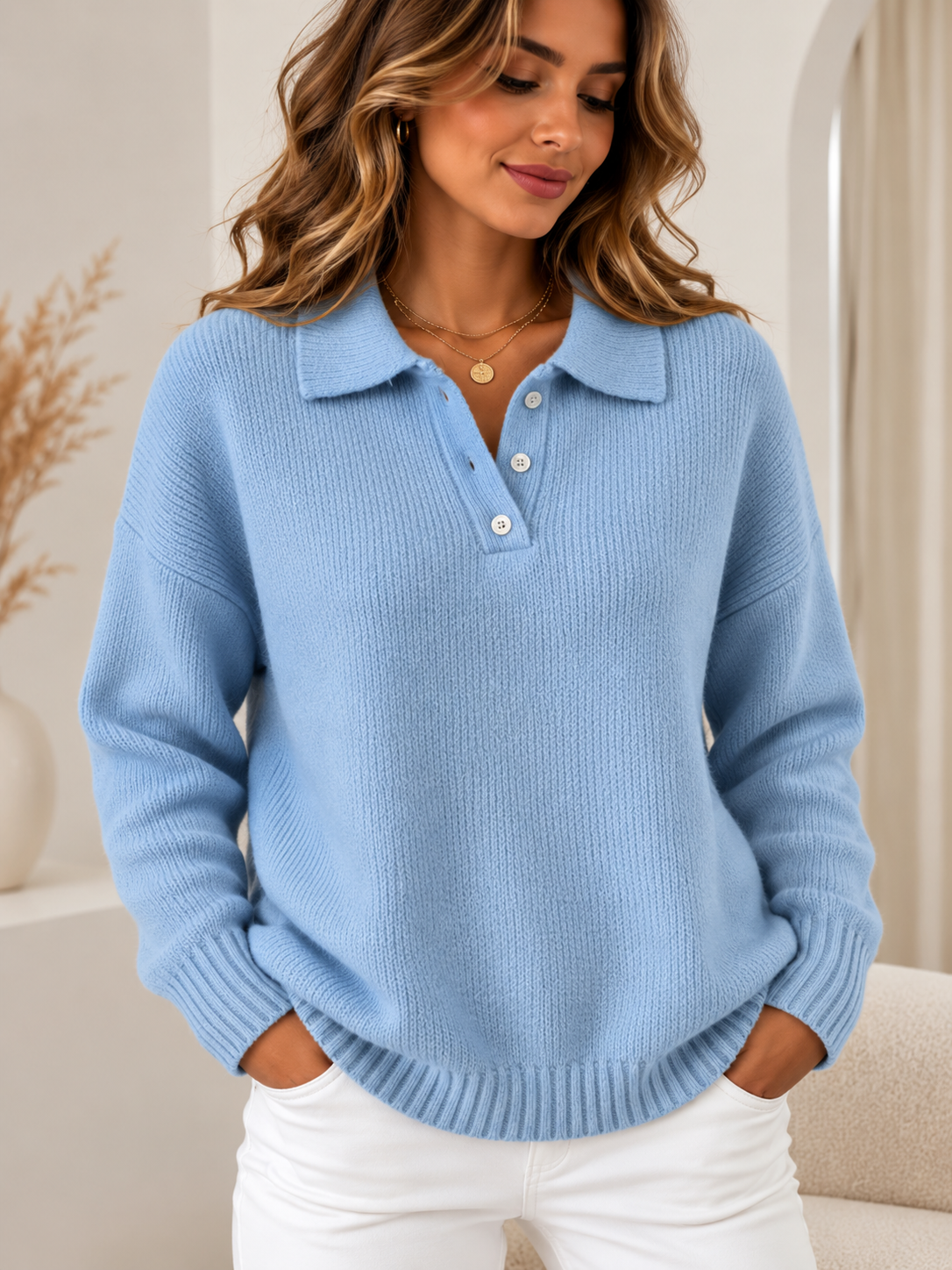 Pull Élise Imprimé en Maille à Col et Boutons